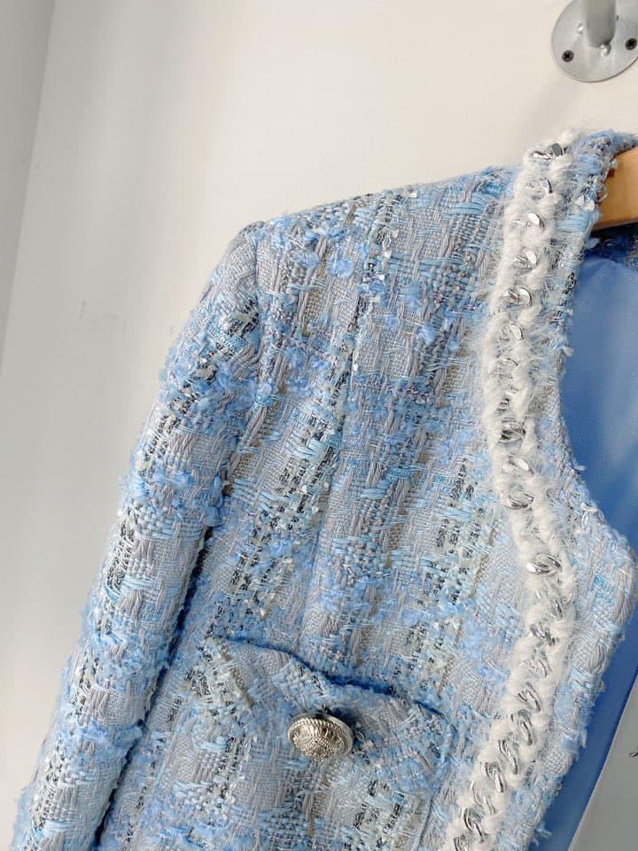 ツイードジャケット パール飾りツイードノーカラージャケット